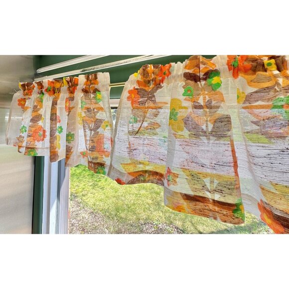 Vintage 1960s curtain valance, orange yellow brown flowers, tier panel, for 1 - Picture 4 of 10